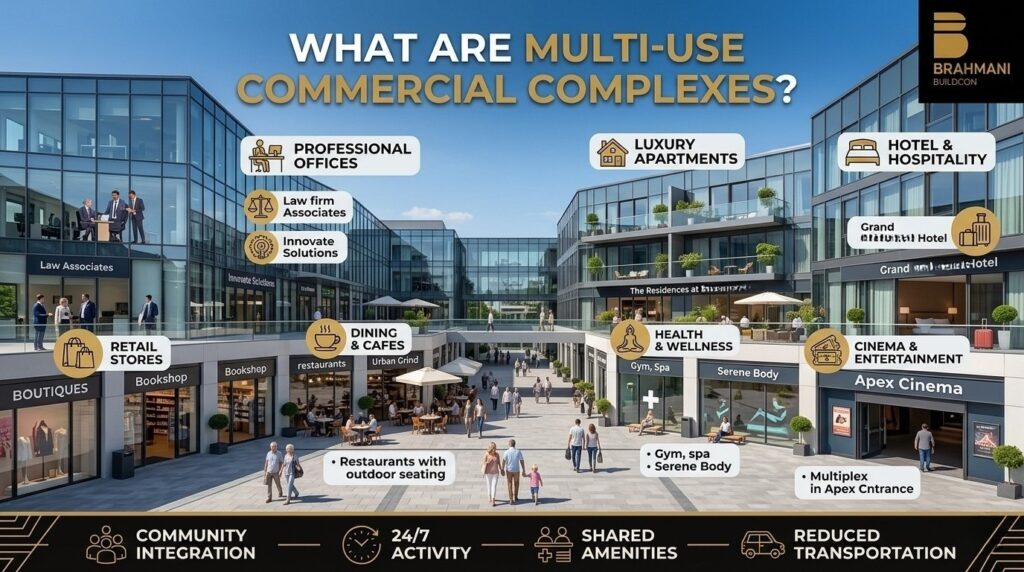 Multi-use commercial complex with retail and office spaces.