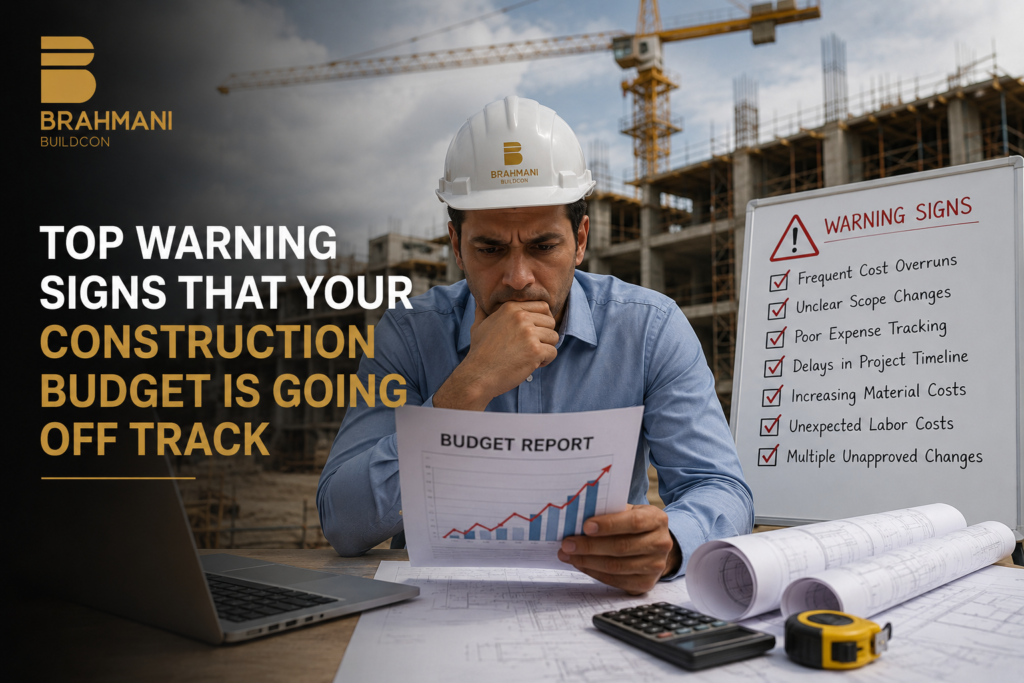 Construction budget warning signs on site