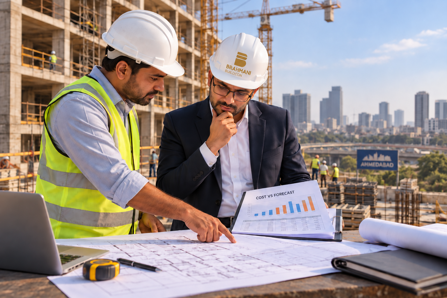 Developer and project engineer reviewing budget versus forecast cost on a commercial construction site in Ahmedabad