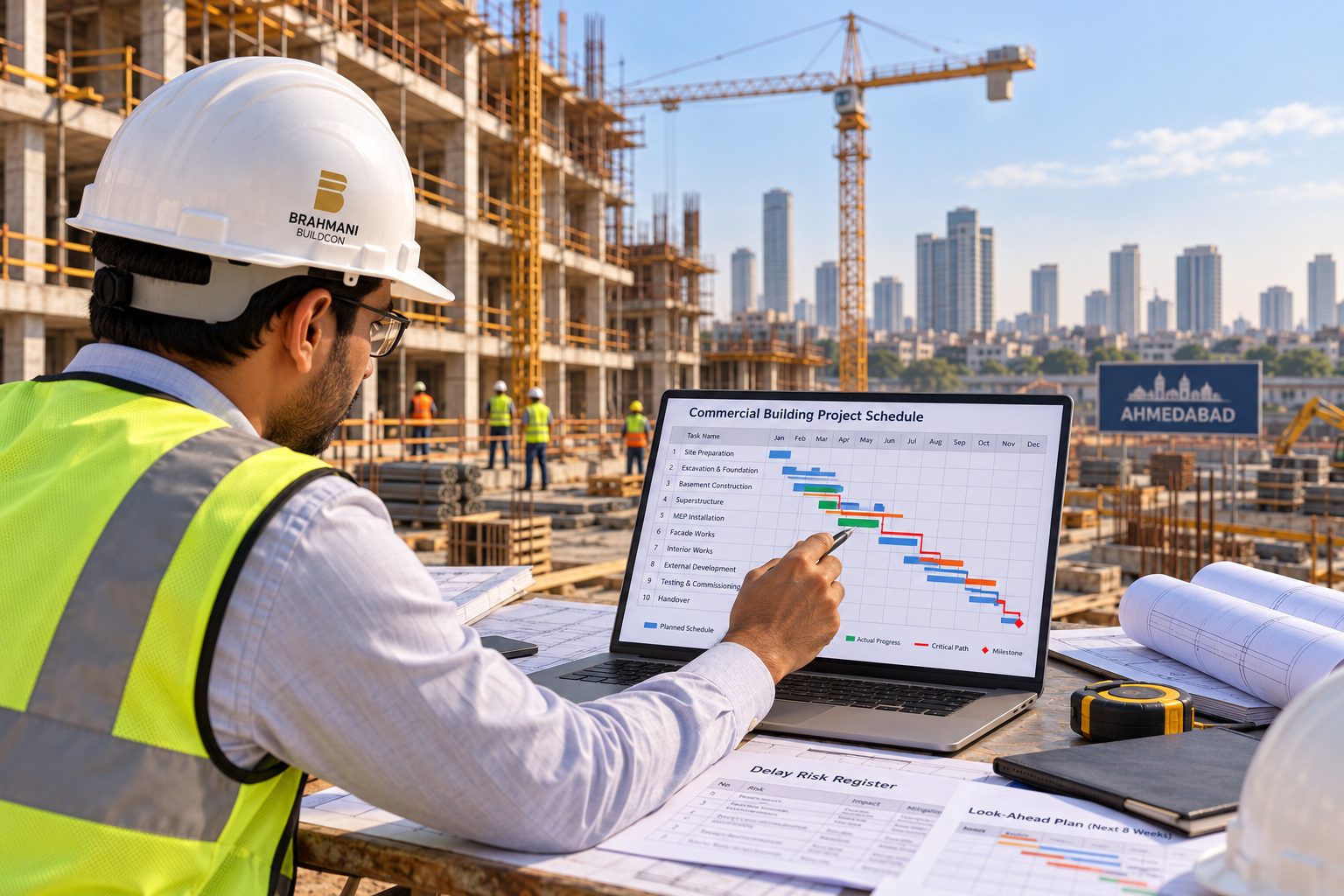 Construction project schedule with critical path and look-ahead plan for a commercial building in Ahmedabad