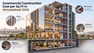 Commercial building cost breakdown showing substructure, superstructure, facade and MEP services in Ahmedabad