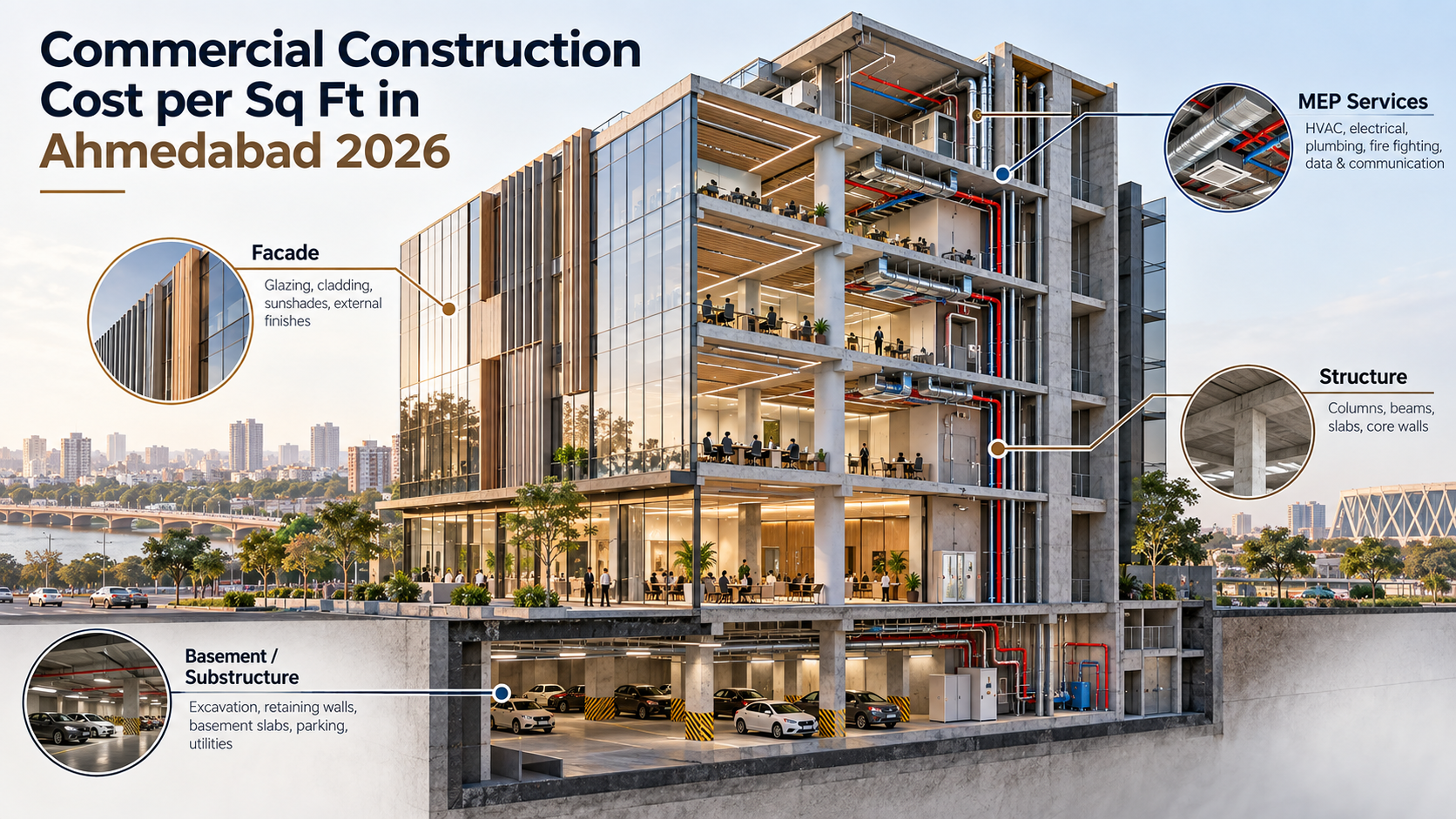 Commercial building cost breakdown showing substructure, superstructure, facade and MEP services in Ahmedabad